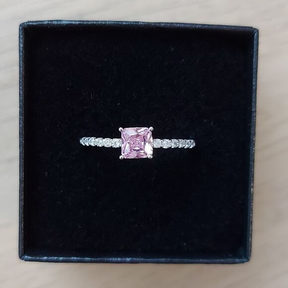 925 Sterling Silver Pink Cubic Zirconia Love Ring - Picture 1 of 6